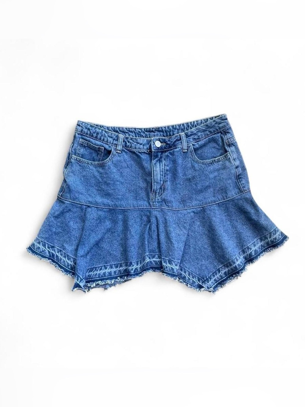 Cider Denim Ruffle Mini Skirt – Y2K Low Rise Tiered Frayed Hem (Size XL)